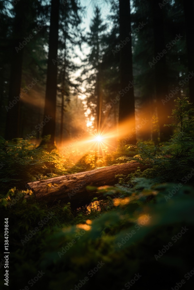Fototapeta premium Sunlit Forest Tranquility: Golden Rays Illuminate Serene Woodland Landscape at Dawn