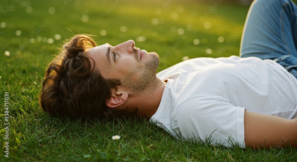 Man Relaxing on Grassy Meadow during Golden Hour Sunlight Peaceful Rest in Nature Man Relaxing on Grassy Meadow during Golden Hour Sunlight Peaceful Rest in Nature