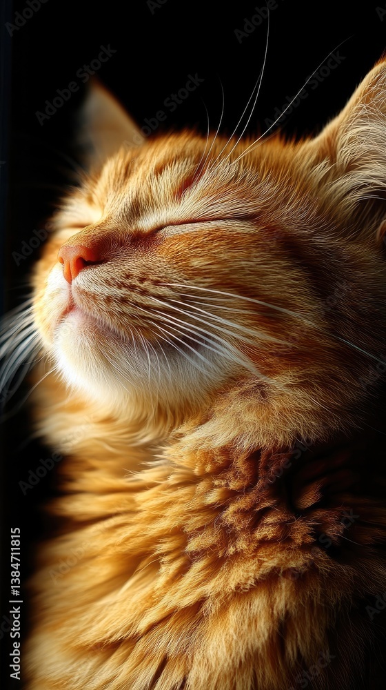 Fototapeta premium Close-up of a serene orange cat basking in sunlight, creating a peaceful atmosphere indoors