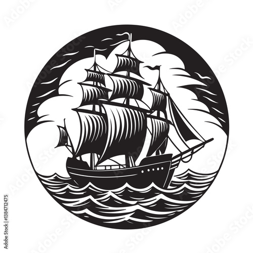 Vintage Sailboat Illustration – Black and White Nautical Woodcut Ship Art at Sea, ship silhouette vector art illustration.