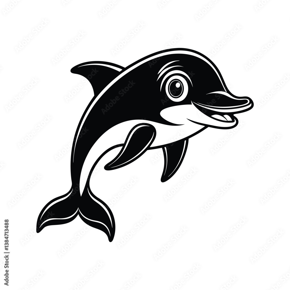 Fototapeta premium Cartoon dolphin with a playful expression silhouette isolated on white background