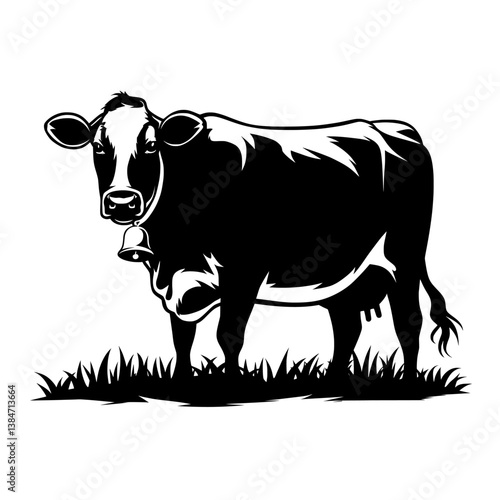 Black and white vector graphic of a cow with bell illustration farm animal drawing