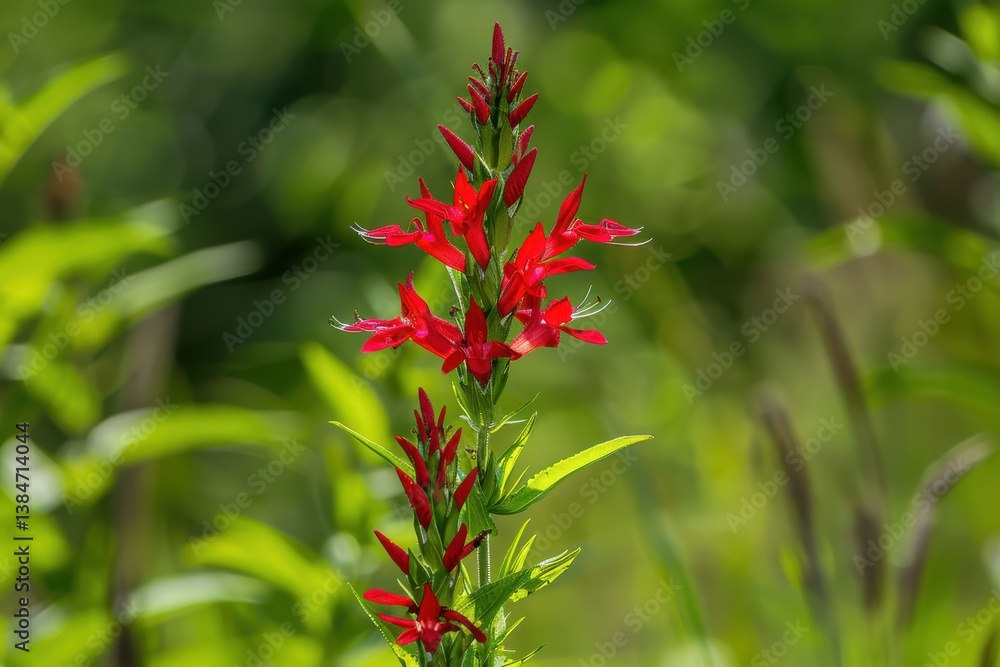 Bright red cardinal flower blooms in a lush green meadow during summer Bright red cardinal flower blooms in a lush green meadow during summer