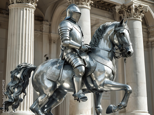 Detailed statue of a medieval knight in armor riding a horse, set in front of classical columns.