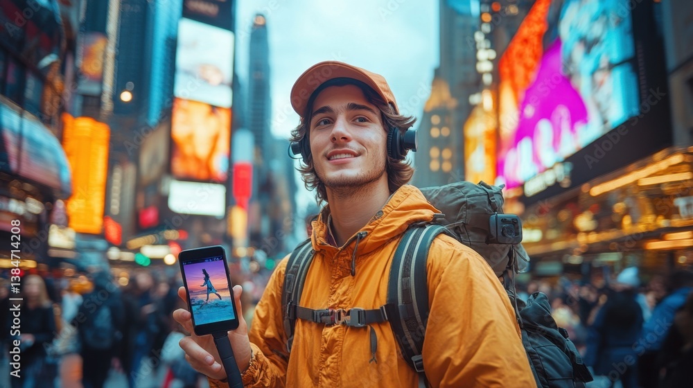 Fototapeta premium Young Traveler with Smartphone Exploring Vibrant Cityscape with Bright Billboards