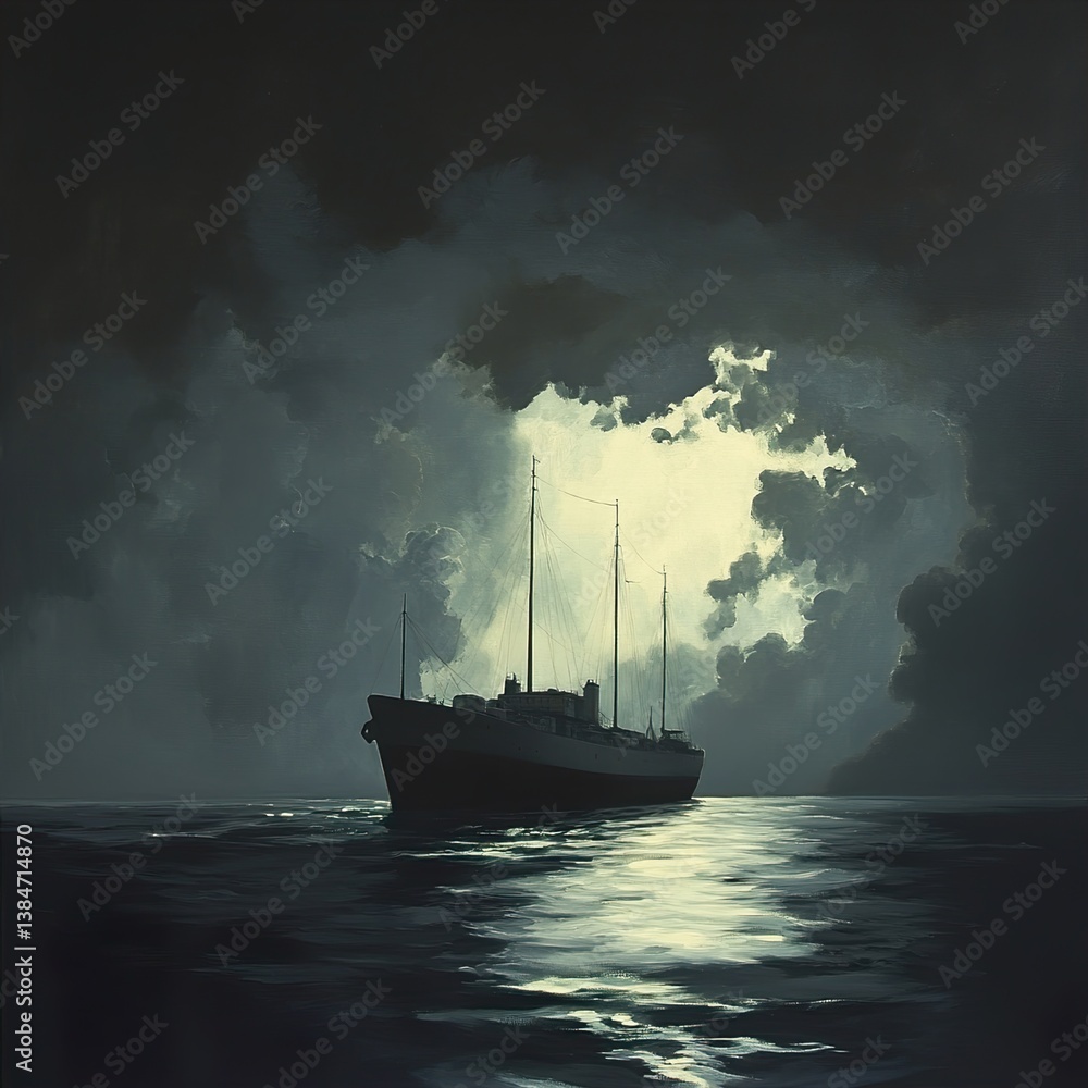 Fototapeta premium Midnight Voyage: A Ship at Sea Under a Dramatic Sky