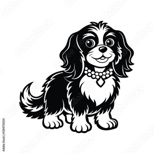 Cartoon King Charles Spaniel dog with detailed fur silhouette isolated on white background