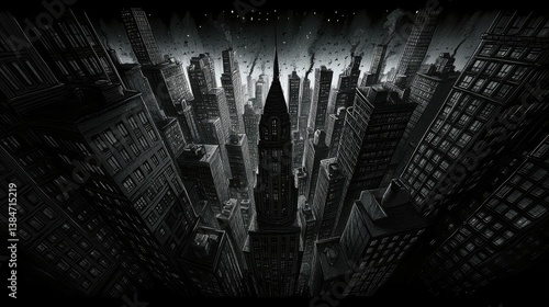 Dark, dense city skyline, high angle view.  Urban structures