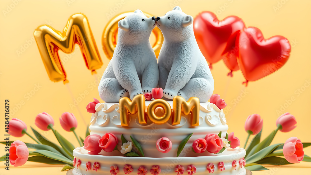 Obraz premium 3D Mother's day poster. Porcelain polar bears sitting on layer cake with tulips and heart shape balloons in the back. Light yellow background with golden mom text balloons. Generative AI