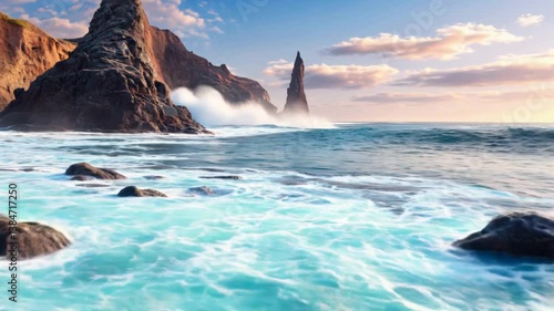 The ocean waves are crashing against the rocks, creating a beautiful and serene scene. The sky is filled with clouds, adding a sense of depth and drama to the image