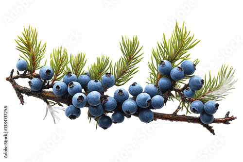 Aromatic juniper branch with blue berries on transparent background, perfect for spirits production and herbal medicine illustrations 