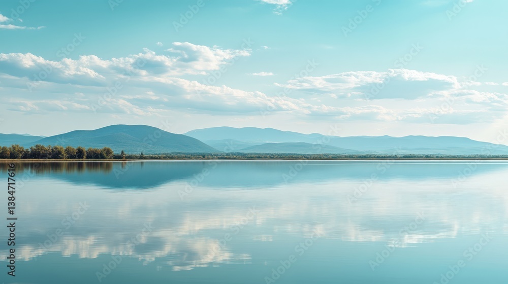 Serene Landscape of Calm Lake with Mountains and Blue Sky Reflections Serene Landscape of Calm Lake with Mountains and Blue Sky Reflections