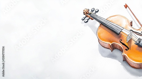Watercolor Violin on White Background Soft Light and Shadow
