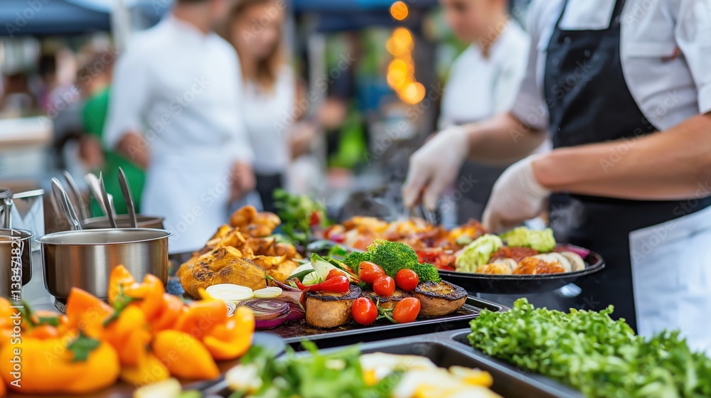 Obraz premium Colorful Outdoor Catering Food Display Scene
