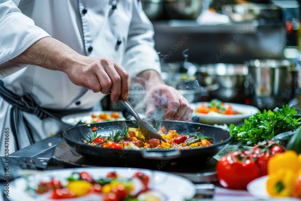 Chef preparing sautéed vegetables in a bustling restaurant kitchen during dinner service Chef preparing sautéed vegetables in a bustling restaurant kitchen during dinner service