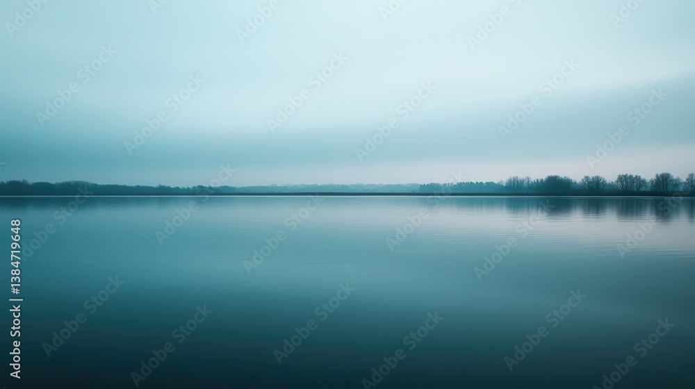 Calm lake, misty dawn, trees reflected, serene landscape, website banner Calm lake, misty dawn, trees reflected, serene landscape, website banner