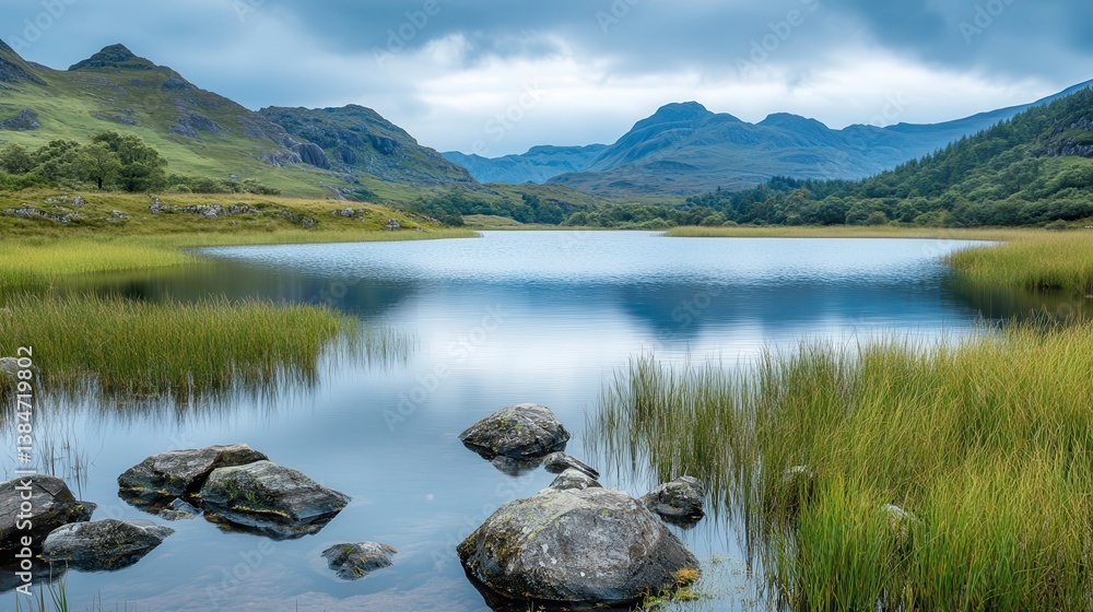 Fototapeta premium Calm lake, mountain reflection, tranquil landscape, travel poster