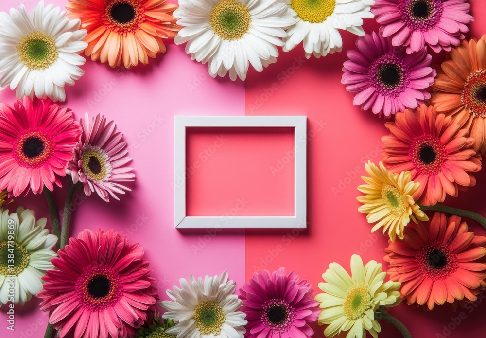 Fototapeta premium Vibrant Pink and White Gerbera Daisies with Empty Frame Centerpiece