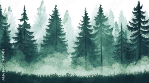 Watercolor misty forest landscape