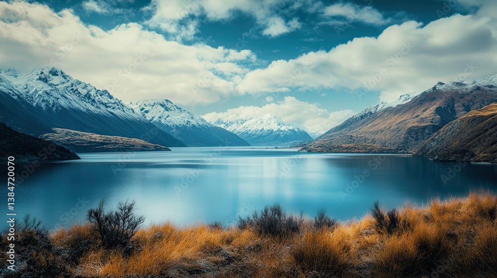 Calm lake, snow-capped mountains, autumnal foreground, scenic view Calm lake, snow-capped mountains, autumnal foreground, scenic view