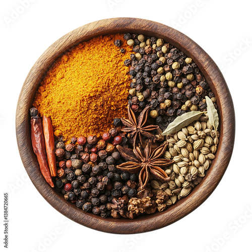 Fototapeta Naklejka Na Ścianę i Meble -  Dried aromatic organic spices like black and white peppercorn and a brown wooden bowl  ingredients for seasoning on transparent background