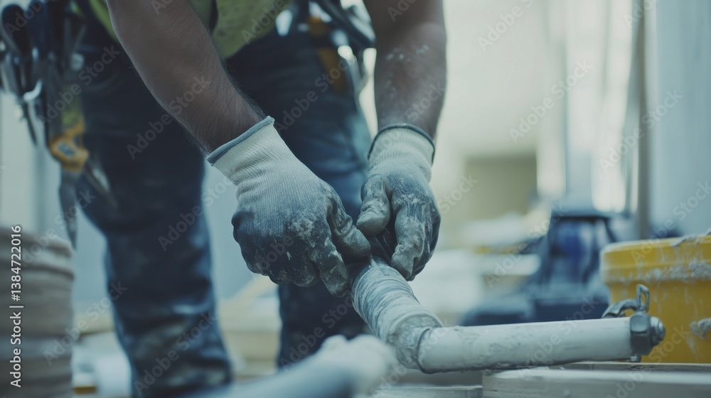 A construction worker repairing a pipe at a job site. Featuring focus and technical skill A construction worker repairing a pipe at a job site. Featuring focus and technical skill