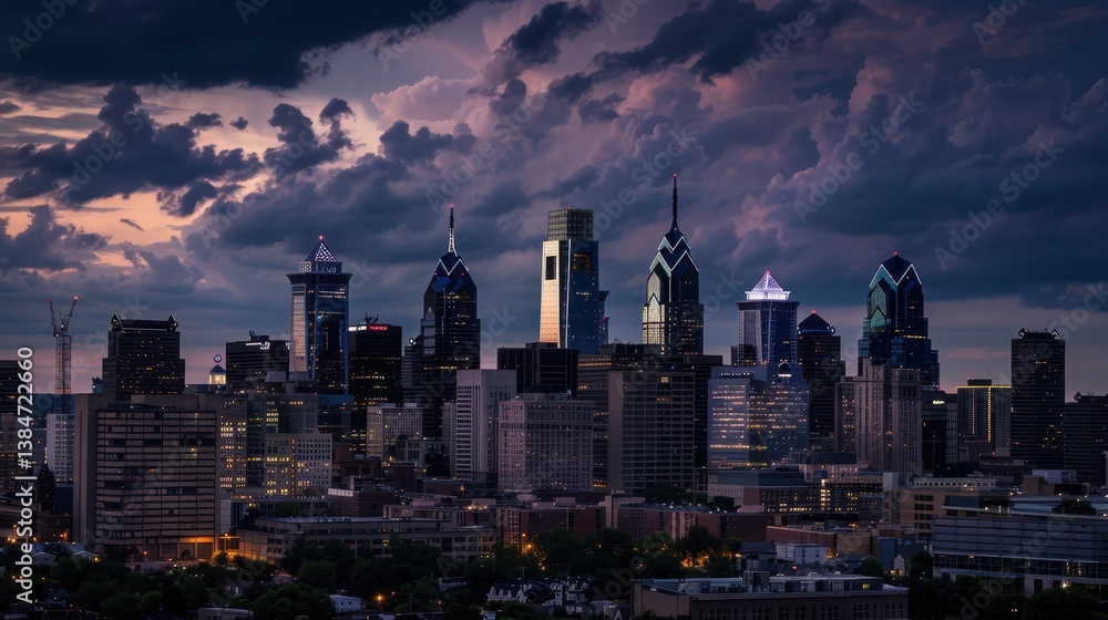Fototapeta premium Urban skyline of Philadelphia at dusk with dramatic clouds and light