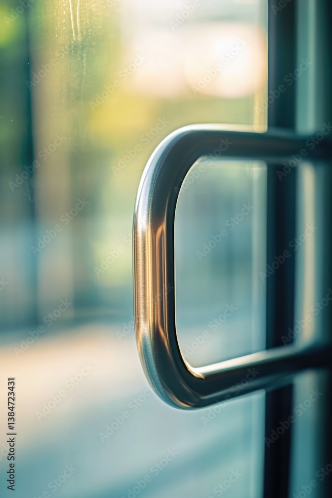 close-up of public transportation seat handle capturing its metallic reflection and texture isolated against soft blurred close-up of public transportation seat handle capturing its metallic reflection and texture isolated against soft blurred