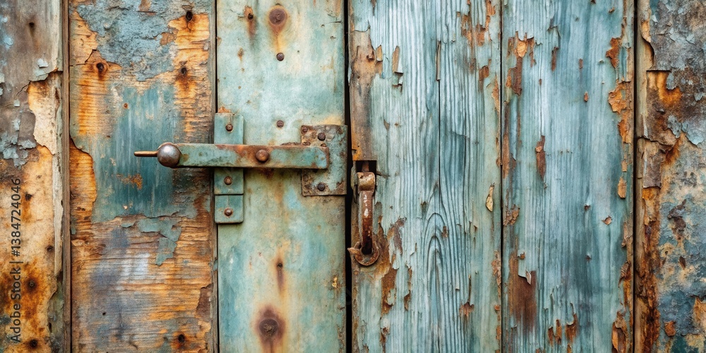 Rustic Weathered Wooden Door with Aged Metal Latch and Peeling Paint, Showing Textures of Time and Decay Rustic Weathered Wooden Door with Aged Metal Latch and Peeling Paint, Showing Textures of Time and Decay