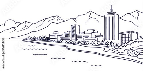 Anchorage skyline, featuring the Chugach Mountains and coastal landscape in a sleek, one-line drawing style.
