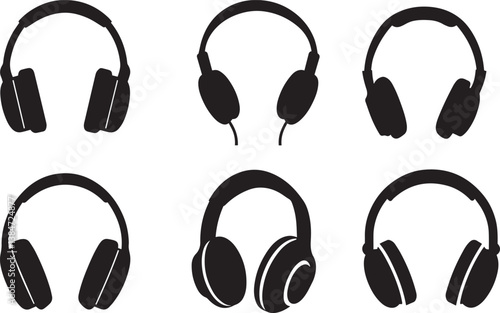 Headphones silhouettes, black and white, minimalist design, audio equipment, over-ear headphones, various styles, symmetrical arrangement, electronic accessories, music listening devices