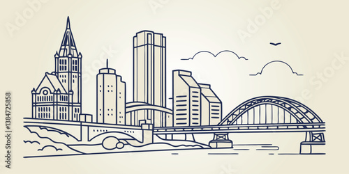 Pittsburgh skyline, capturing the iconic bridges and PPG Place in a modern one-line drawing style. 