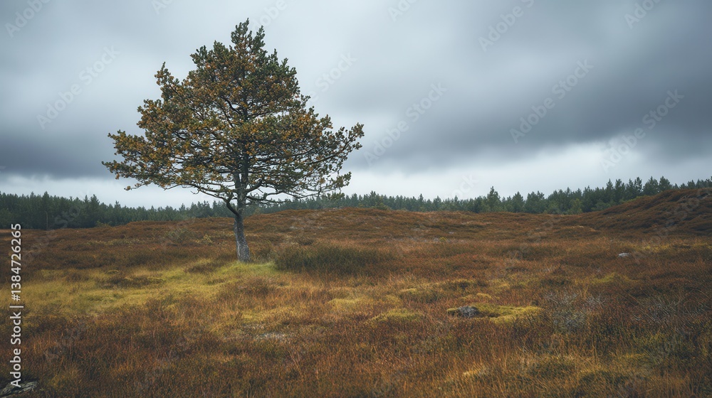 Fototapeta premium Lone tree autumn moorland, cloudy sky, nature scene, peaceful landscape