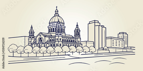 Cuadro en lienzo Saint Paul skyline, featuring the Cathedral of Saint Paul and Mississippi River in a sleek, one-line drawing style