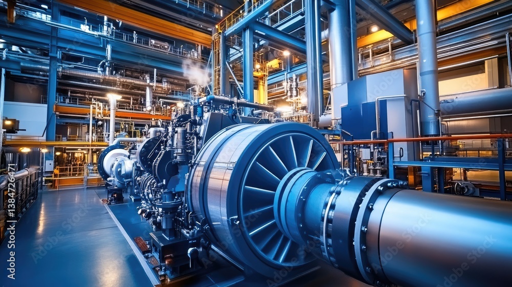Industrial turbine engine in a modern factory setting with complex machinery and glowing lights Industrial turbine engine in a modern factory setting with complex machinery and glowing lights