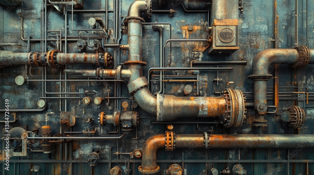 Industrial Pipe System with Rust Patterns and Textures in a Gritty Urban Environment Industrial Pipe System with Rust Patterns and Textures in a Gritty Urban Environment
