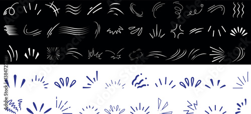 Line sparkle and motion element set featuring dynamic comic style strokes, action lines, speed effects, and abstract bursts. Ideal for manga, pop art, and energetic graphic design projects
