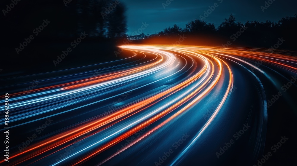 Obraz premium Night road, light trails, speed, motion blur, transportation.