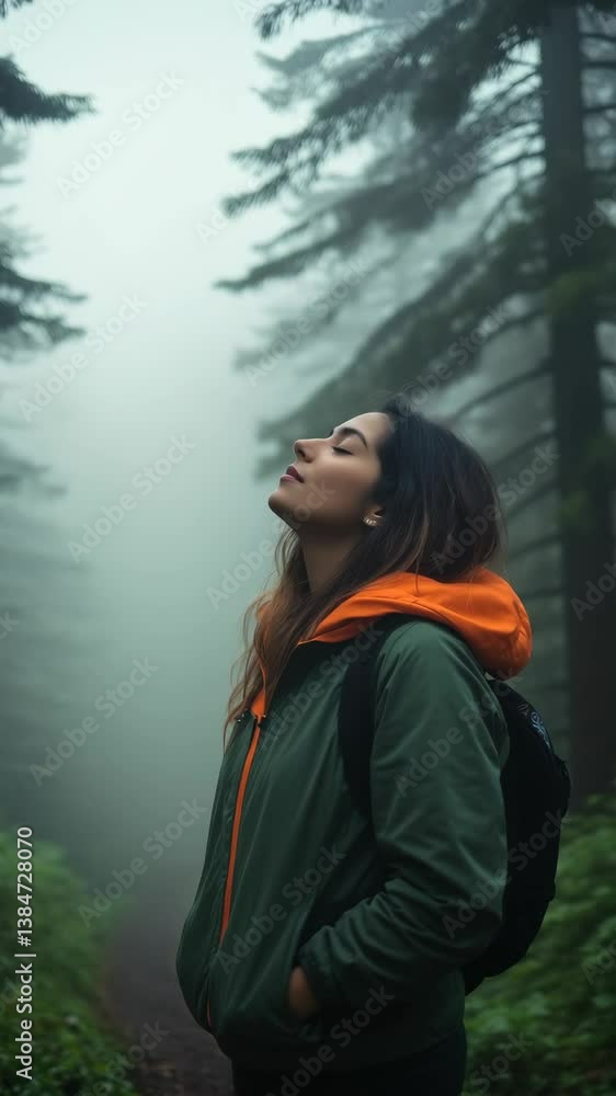 Woman Breathing Fresh Air in Misty Forest, Connecting With Nature, Finding Peace. Vertical Video Woman Breathing Fresh Air in Misty Forest, Connecting With Nature, Finding Peace. Vertical Video