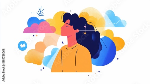 Abstract woman illustration meditating with soft pastel background elements