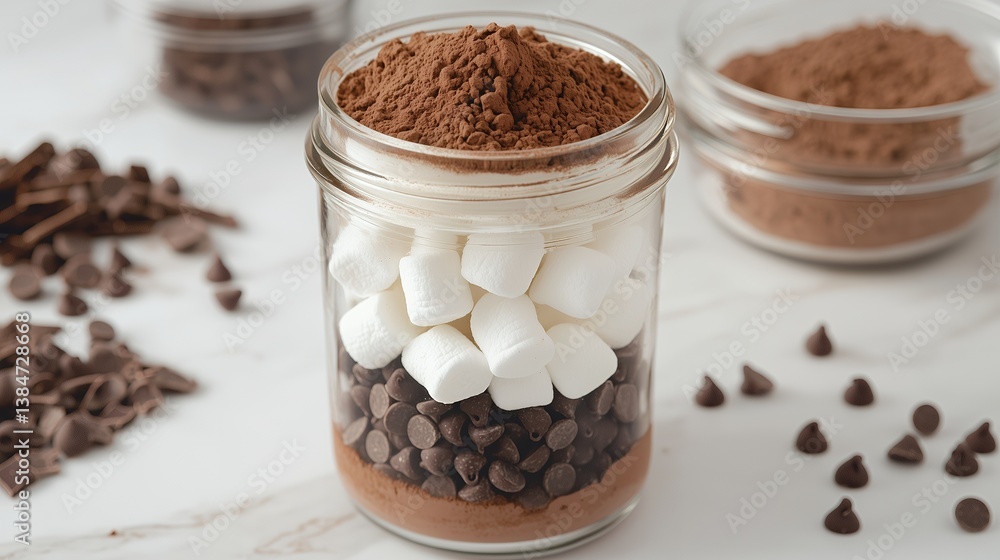 Layered hot chocolate mix in a mason jar with cocoa powder, marshmallows, and chocolate chips, concept for DIY gift, winter holidays, and cozy drinks Layered hot chocolate mix in a mason jar with cocoa powder, marshmallows, and chocolate chips, concept for DIY gift, winter holidays, and cozy drinks