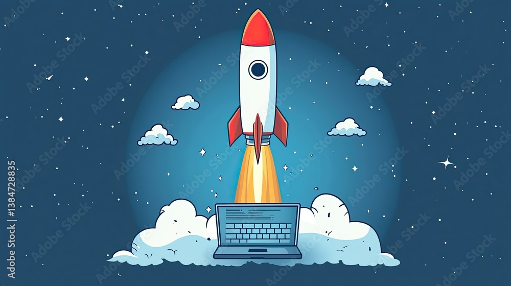 Fototapeta premium Rocket Launch from Laptop â€“ Business Startup and Growth Concept