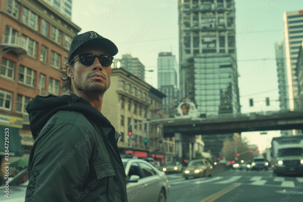 Man in sunglasses stands on city street, capturing urban life during early morning hours in bustling downtown area Man in sunglasses stands on city street, capturing urban life during early morning hours in bustling downtown area