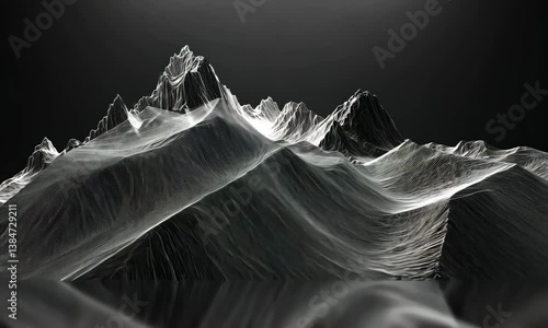 Abstract mountain range with wireframe mesh, black and white landscape background