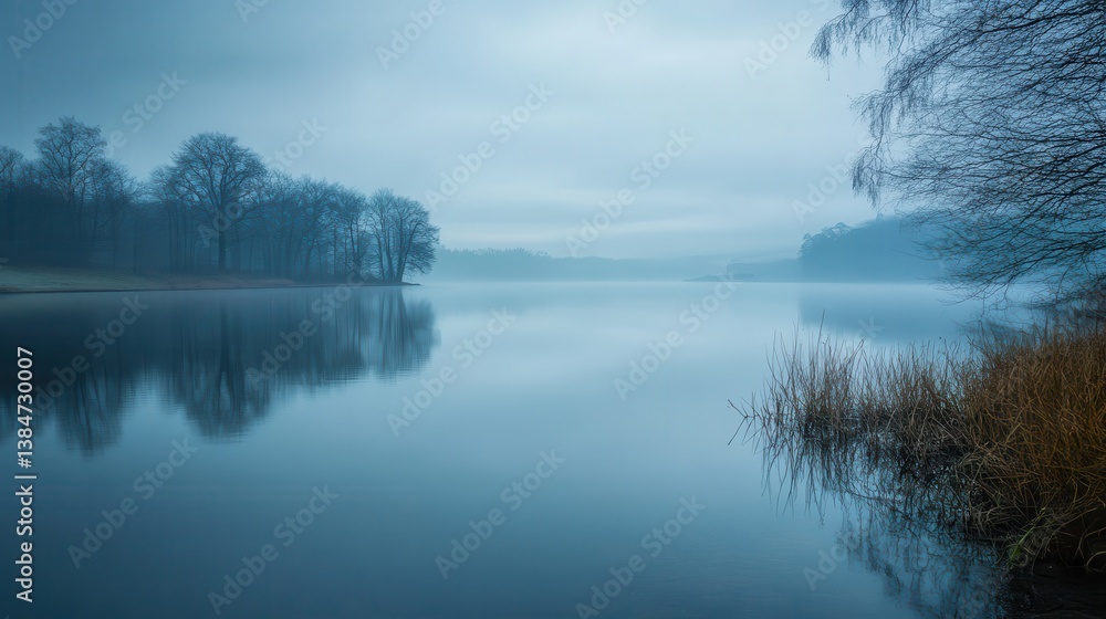 Fototapeta premium Misty lake dawn reflection, tranquil trees, winter calm, serene landscape, nature poster