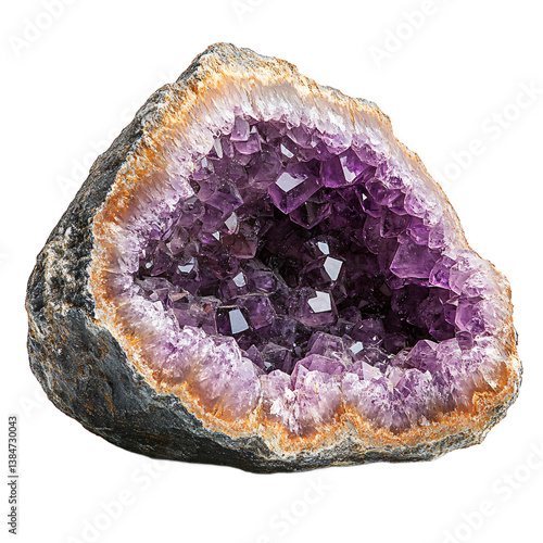  Beautiful purple amethyst geode half showing natural crystal cave on transparent background, perfect for healing arts and alternative wellness 