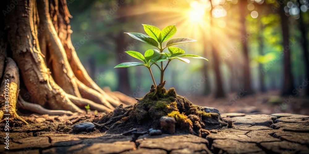 A resilient seedling emerges from cracked earth, bathed in the warm glow of sunrise, symbolizing growth, perseverance, and the power of nature's renewal in a serene forest setting. A resilient seedling emerges from cracked earth, bathed in the warm glow of sunrise, symbolizing growth, perseverance, and the power of nature's renewal in a serene forest setting.