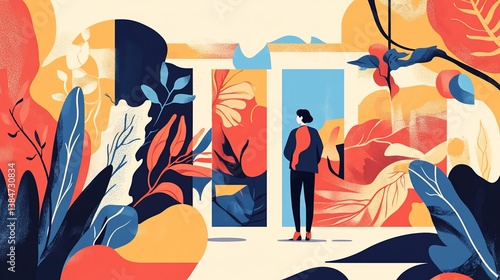 Woman choosing path, garden background, future options, illustration