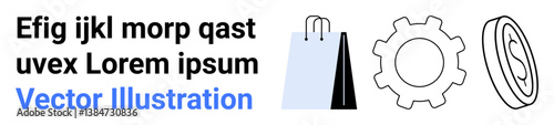 Shopping bag, gear, and coin represent commerce, technology, and finance. Ideal for e-commerce, innovation, retail, marketing fintech services simple landing page