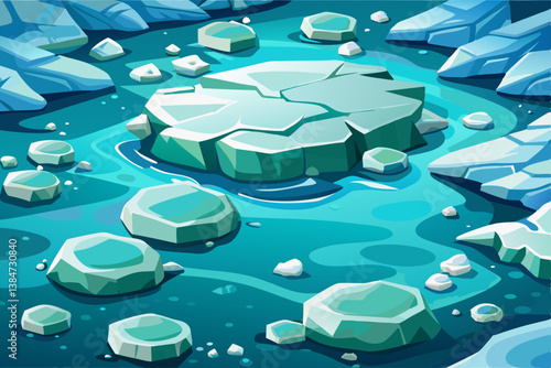 Frozen ocean vector from above with drifting ice floes and pale arctic colors, icy landscape